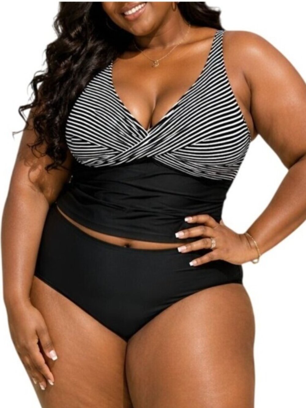 Yonique Plus Size 24W Tankini Top Black White Stripe V Neck Crossback Ruched
